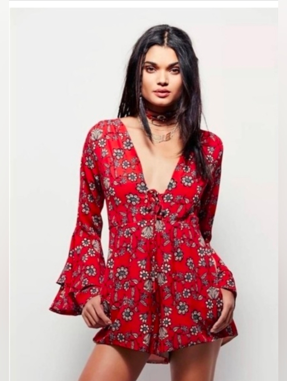 Red Floral V-Neck Long-Sleeve Jumpsuit